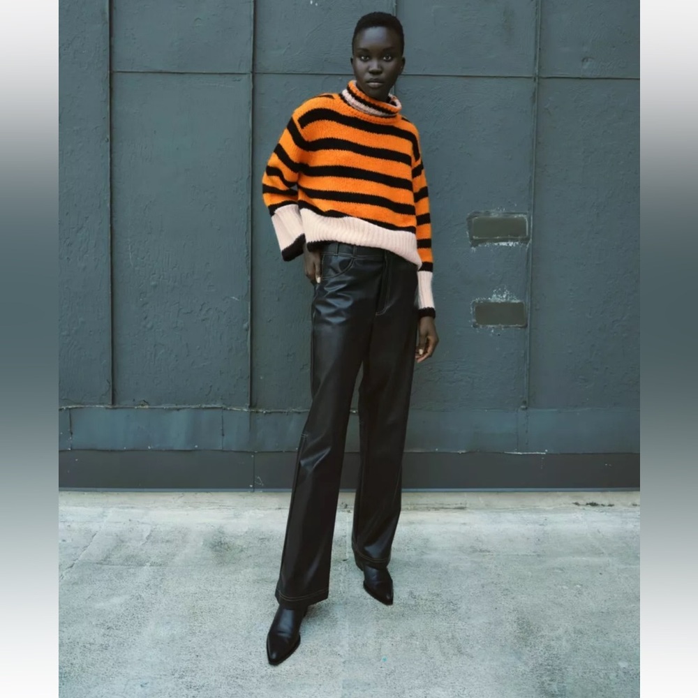 EUC Zara Orange & Black Striped Turtleneck Sweater